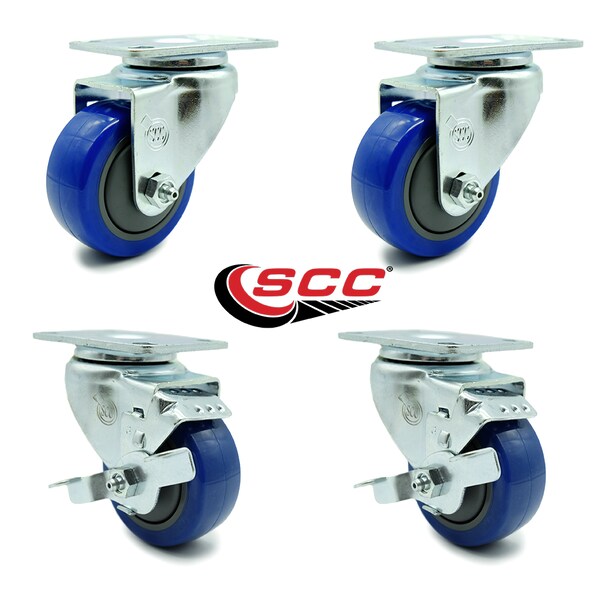3.5 Inch Blue Polyurethane Wheel Swivel Top Plate Caster Set With 2 Brakes SCC